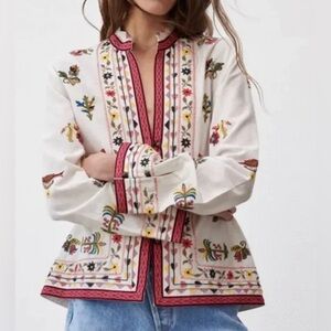 Zara Artisan Embroidered Cotton Jacket Cream Floral Eyelet Buttons Size L